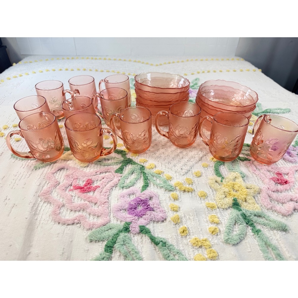 Arcoroc France Rosaline Pink Glass Set  12 Mugs 11 Bowls Rose Floral‎ Vintage